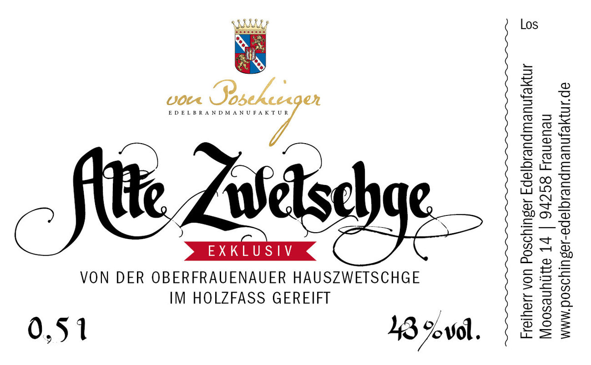 Edelbrand Alte Zwetschge ausgebaut im Maulbeerbaumfass 43 % 0,5 Liter in der Box