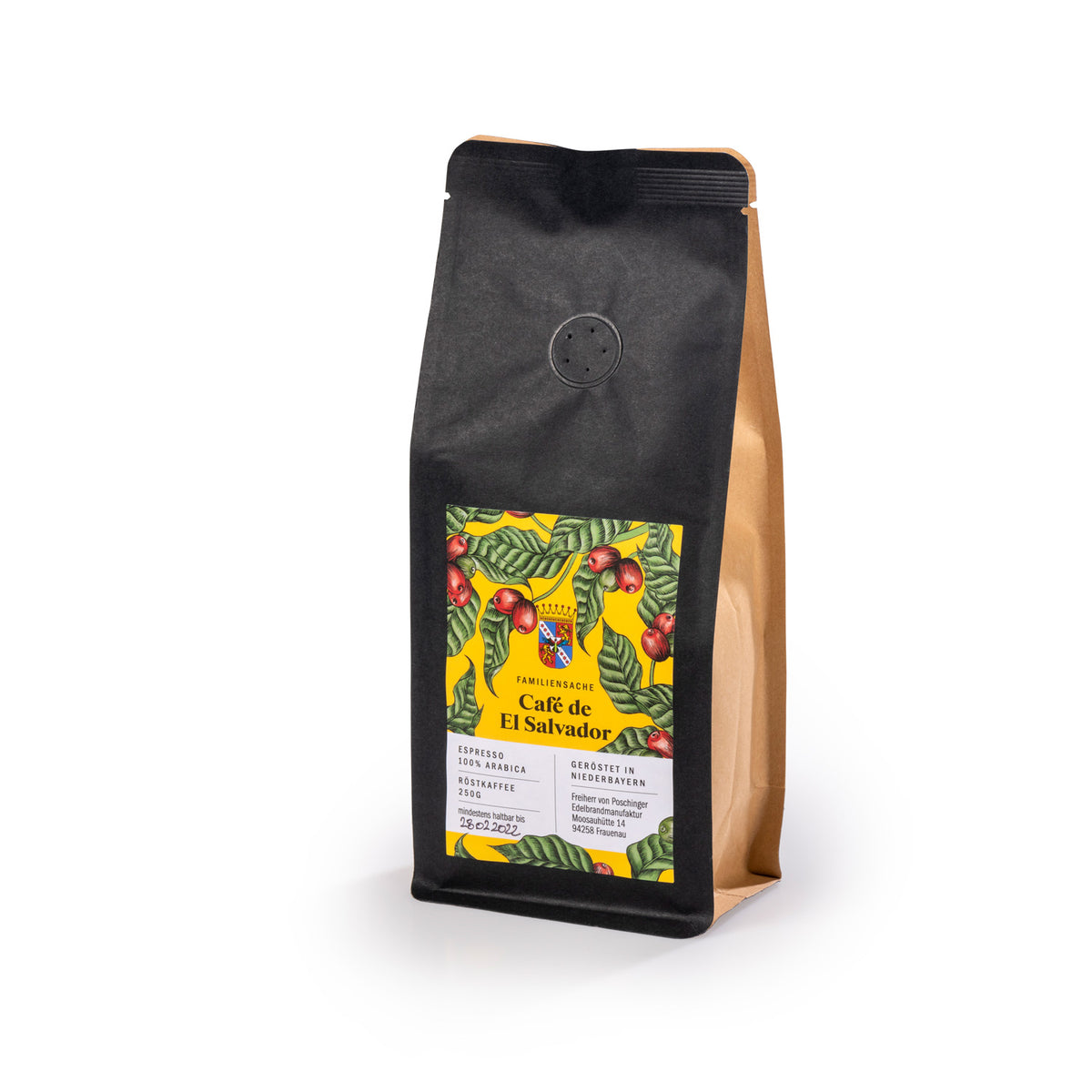 Röstkaffee, geröstet in Niederbayern. Füllgewicht: 250 g Espresso-Röstung aus 100% Arabica Bohnen. 