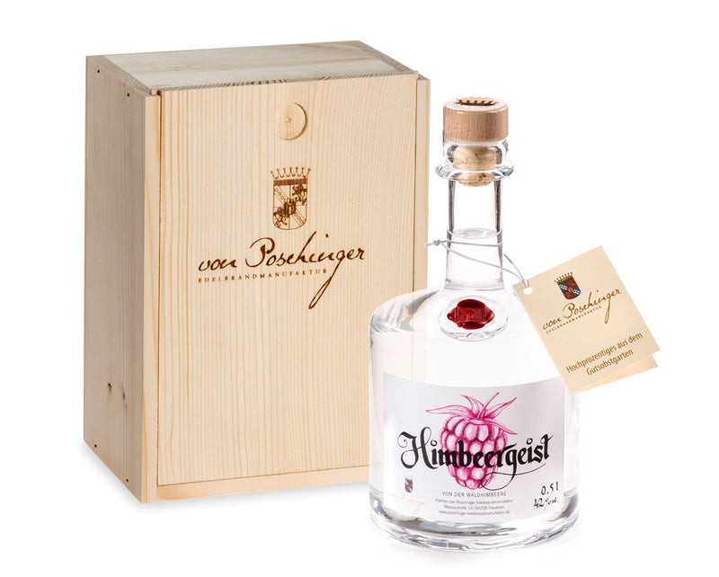 Himbeergeist von der Waldhimbeere 42 % 0,5 Liter in der Box