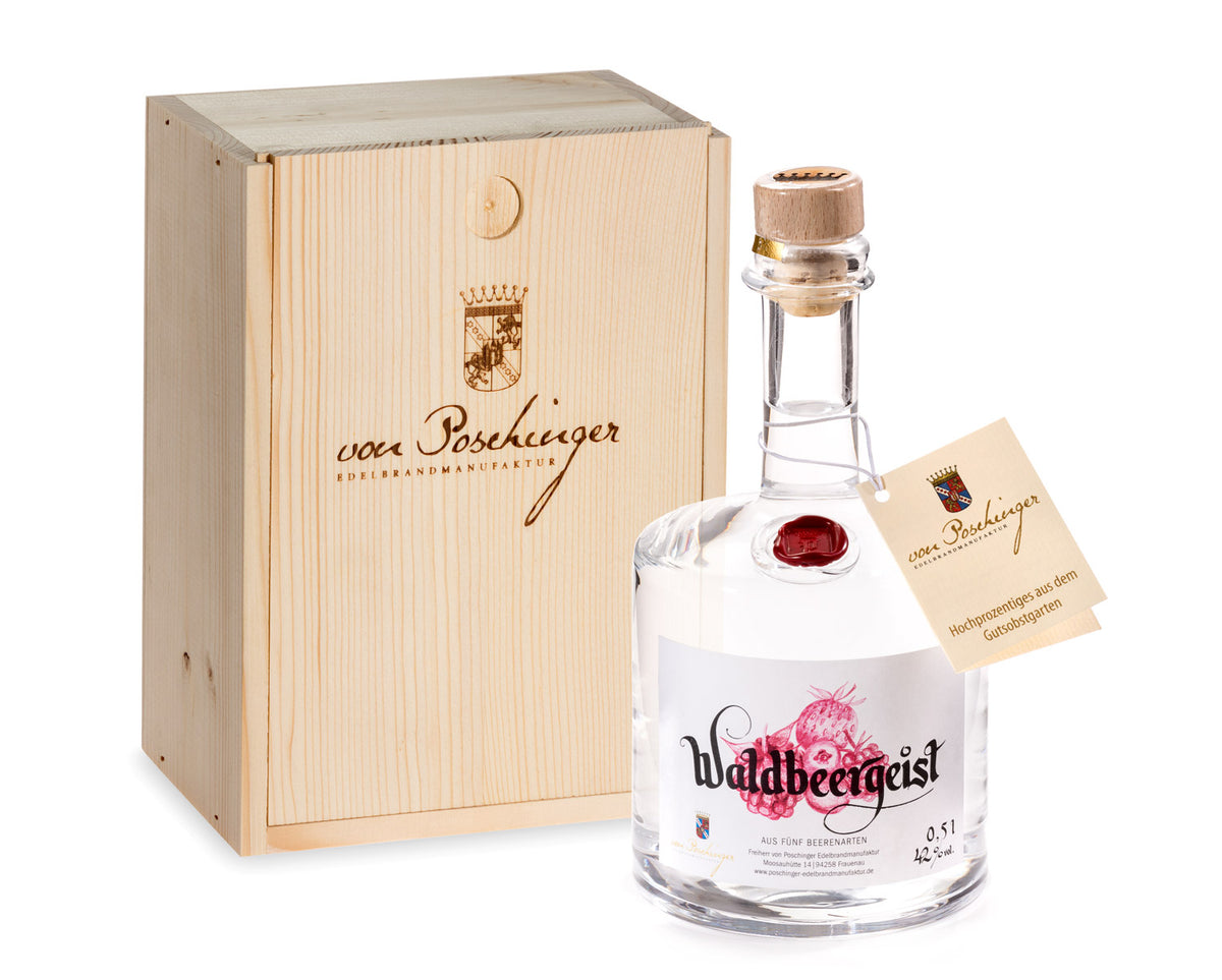 Waldbeergeist aus fünf Beerenarten 42 % 0,5 Liter in der Box